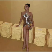 Load image into Gallery viewer, Sexy Hanging Neck Metallic Short Dress Women Fashion Off Shoulder Backless Shiny Dresses Elegant Female Evening Party Vestidos SHINYOU
