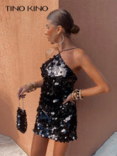 Load image into Gallery viewer, Spring Summer Party Sequin Sleeveless Mini Dress Women Sexy Halter Backless Lace Up Slim Dresses SHINYOU