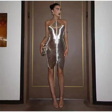 Load image into Gallery viewer, Sexy Hanging Neck Metallic Short Dress Women Fashion Off Shoulder Backless Shiny Dresses Elegant Female Evening Party Vestidos SHINYOU