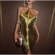 Load image into Gallery viewer, Sexy Hanging Neck Metallic Short Dress Women Fashion Off Shoulder Backless Shiny Dresses Elegant Female Evening Party Vestidos SHINYOU