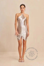 Load image into Gallery viewer, Sexy Hanging Neck Metallic Short Dress Women Fashion Off Shoulder Backless Shiny Dresses Elegant Female Evening Party Vestidos SHINYOU