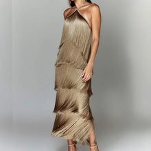 Lade das Bild in den Galerie-Viewer, Fashion Layered Solid Color Dress Ladies Sexy Off-Shoulder High Waist Slim Dress Chic Club Party Fringed Sleeveless Long Dress SHINYOU