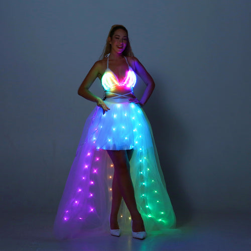 Women Tulle Tutu Skirts Adult A Line Rave Outfit Skirt Smart LED Light Up Costumes Halloween SHINYOU
