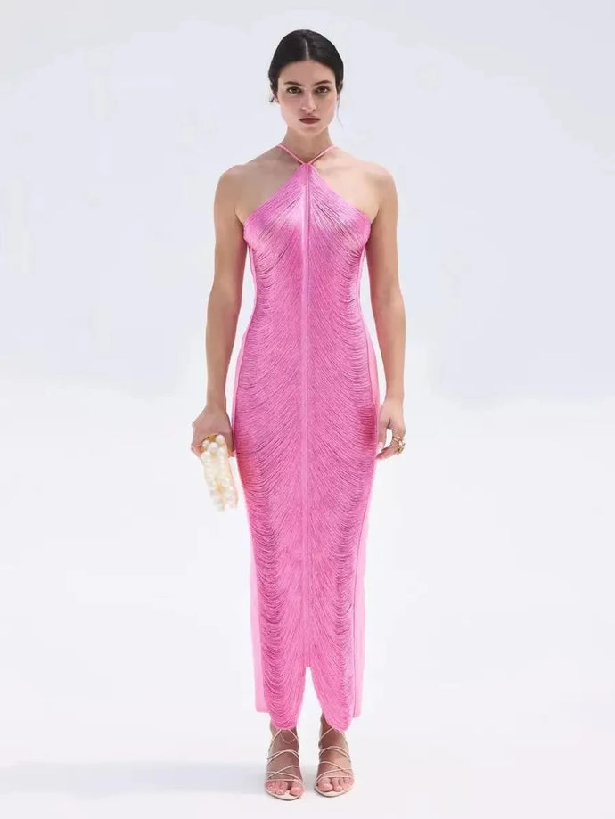 Sexy Hanging Neck Metallic Tassel Dresses Women Fringed Halterneck Backless Sleeveless Dress Elegant Party Robe SHINYOU