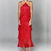 Lade das Bild in den Galerie-Viewer, Fashion Layered Solid Color Dress Ladies Sexy Off-Shoulder High Waist Slim Dress Chic Club Party Fringed Sleeveless Long Dress SHINYOU
