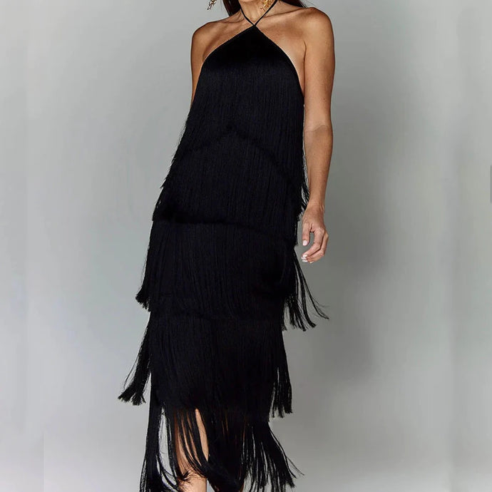 Fashion Layered Solid Color Dress Ladies Sexy Off-Shoulder High Waist Slim Dress Chic Club Party Fringed Sleeveless Long Dress SHINYOU