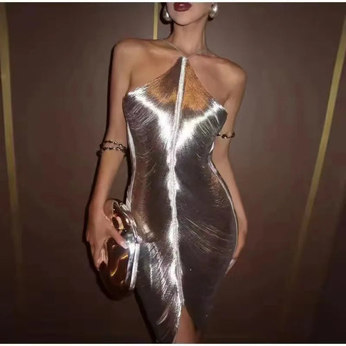 Sexy Hanging Neck Metallic Short Dress Women Fashion Off Shoulder Backless Shiny Dresses Elegant Female Evening Party Vestidos SHINYOU