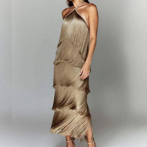 Fashion Layered Solid Color Dress Ladies Sexy Off-Shoulder High Waist Slim Dress Chic Club Party Fringed Sleeveless Long Dress SHINYOU