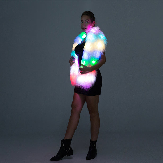 Long Women Faux Fur Collar, Winter Warm Wrap Stole wool Scarf led light up Shawl Shrug SHINYOU
